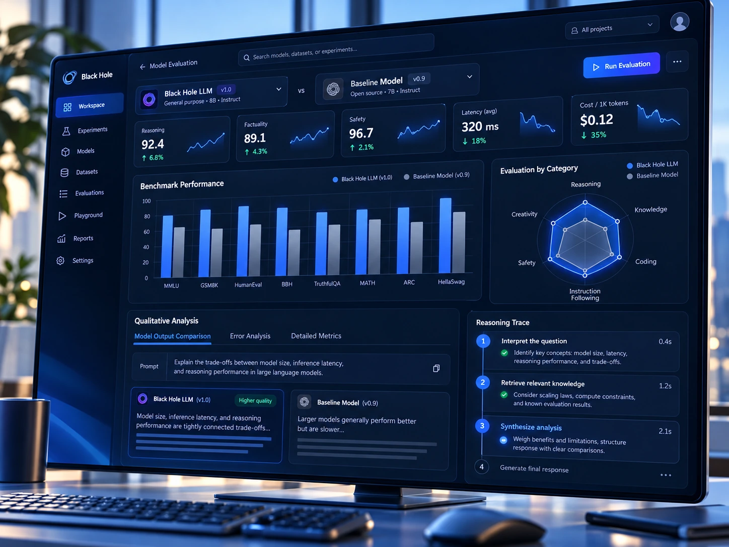 Illustrative Black Hole LLM model evaluation dashboard with research and testing panels