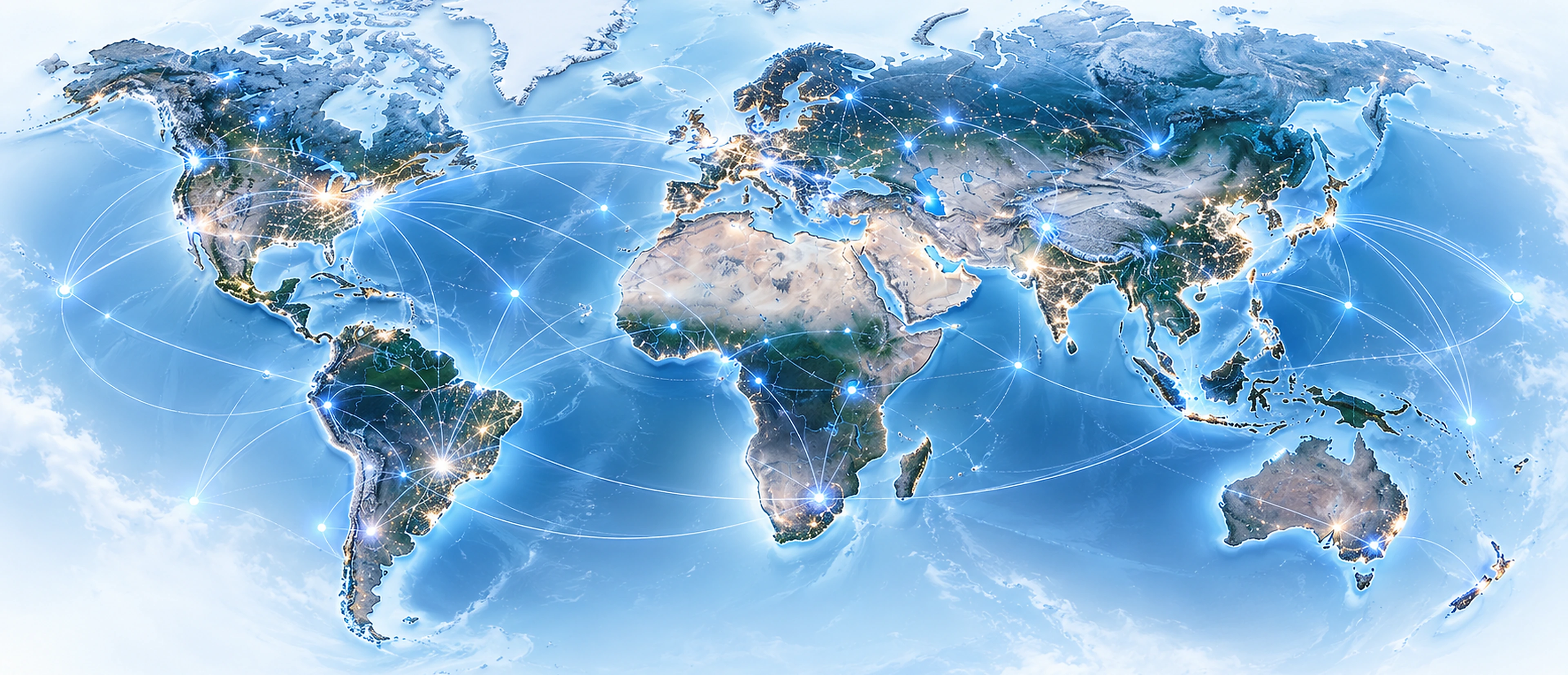 Illustrated world map showing global network connections