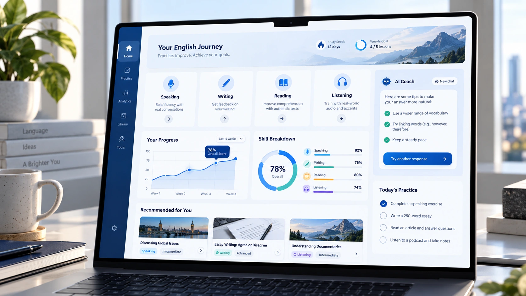 FLUENTRIX PTE practice dashboard with mock tests and AI feedback