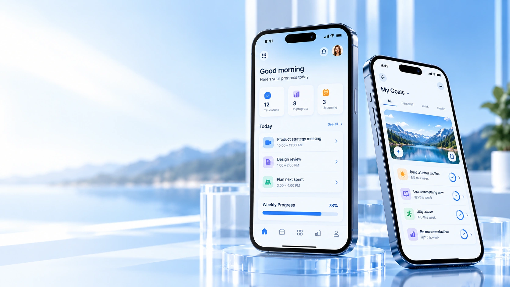 Two premium smartphones showing mobile productivity and personal goals application interfaces