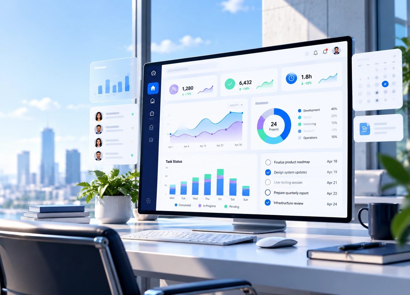 A bright modern workspace with a large desktop monitor displaying a web application analytics dashboard